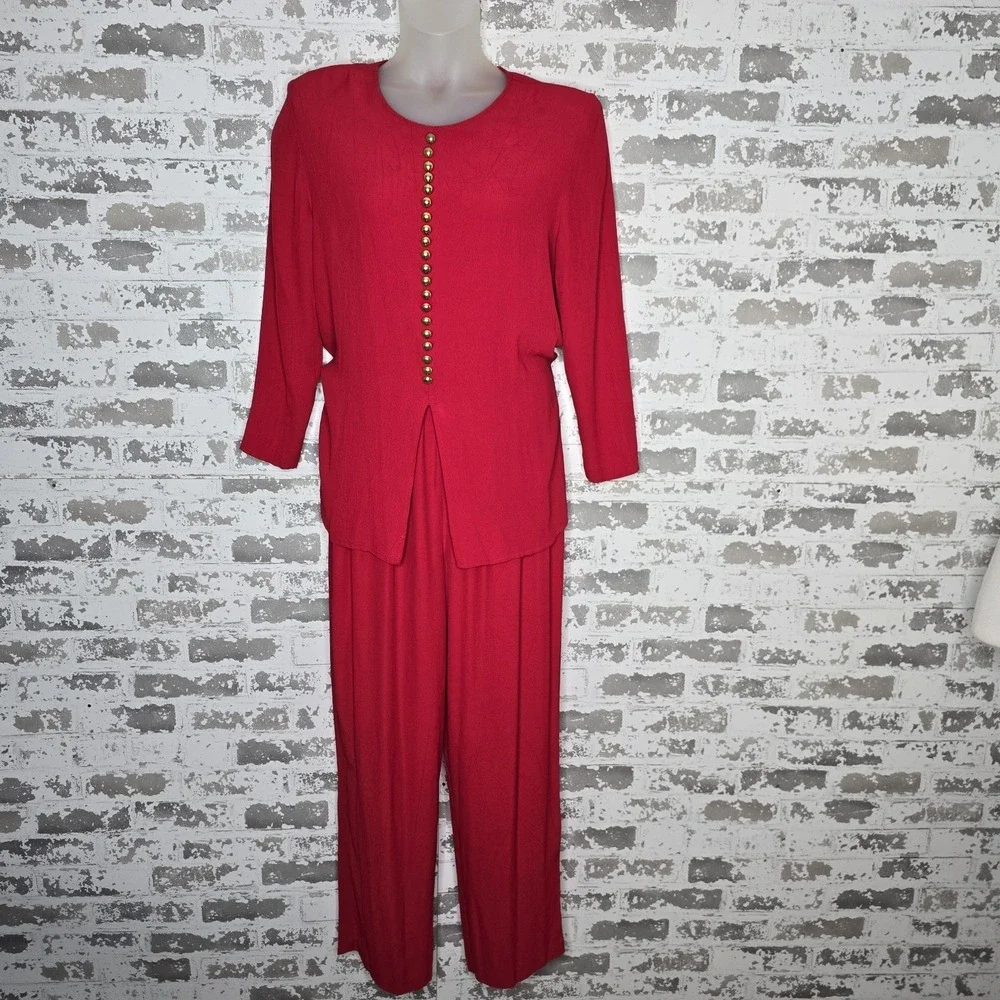 Nina Piccalino 2 Piece Pants Suit Womens Size 12 Red 100% Rayon Vintage USA Made